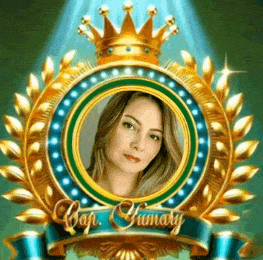 a picture of a woman with a crown in a gold frame with the name cap .