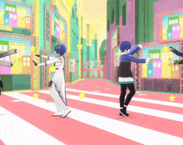 a group of anime characters are dancing on a pink and white crosswalk