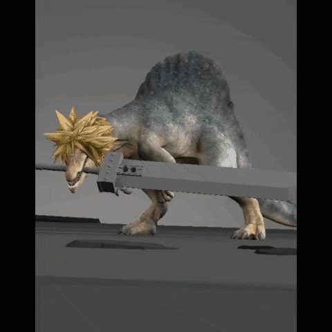 a dinosaur holding a sword with a cloud strife head