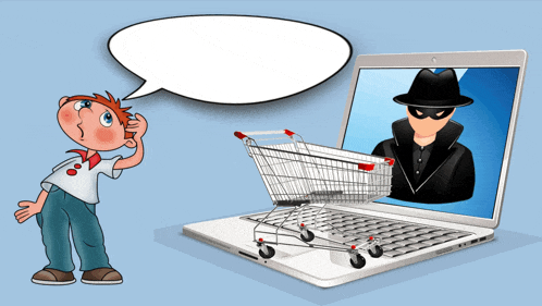 a cartoon boy stands in front of a laptop with a shopping cart and a thief coming out of it