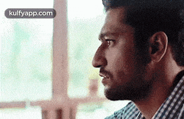 a man with a beard and a plaid shirt is looking out of a window .