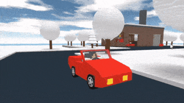 a red car is driving down a snowy road in front of a house
