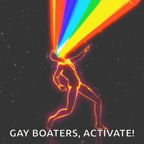 a drawing of a person with a rainbow coming out of their head with the words gay boaters activate