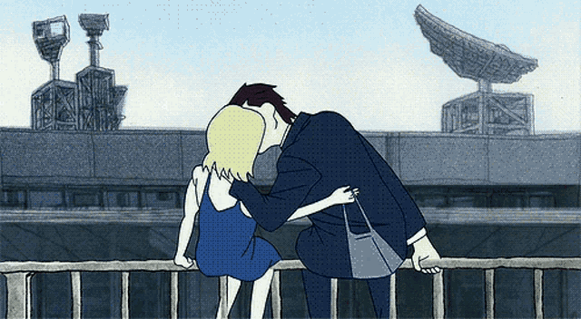 a cartoon of a man and a woman kissing on a fence
