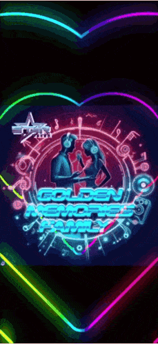a man and a woman are singing into microphones in a heart shaped circle with the words golden memories written on it