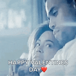 a man and a woman are hugging each other with the words happy valentine 's day written on the bottom