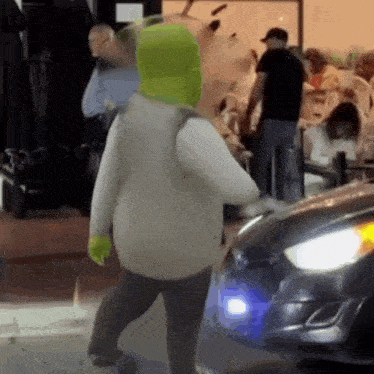 a shrek costume is being worn by a person standing next to a car .