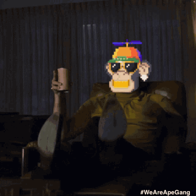 a pixel art of a man sitting in a chair with a monkey on his face