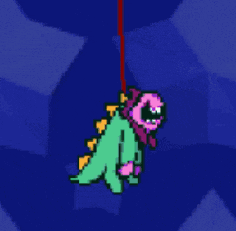 a pixel art of a dinosaur hanging from a rope