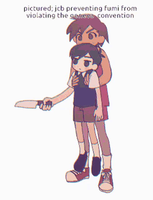 a cartoon of a boy holding a knife and another boy on his back with the caption " pictured "