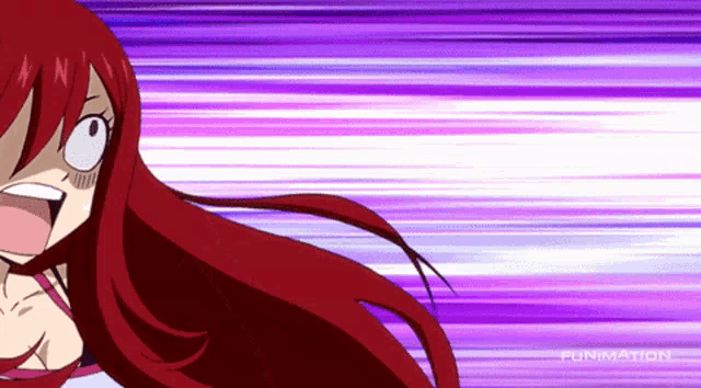a girl with red hair is screaming in a funimation anime