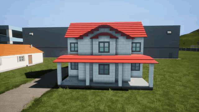 a model of a house with a red roof and windows