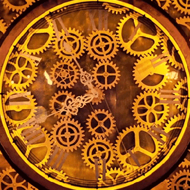 a clock with roman numerals and gears on it shows the time as 4:20