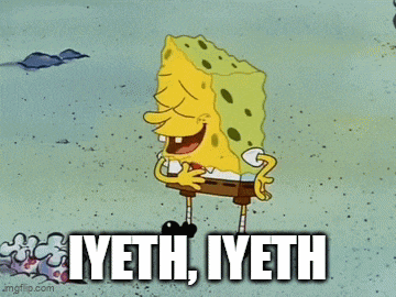 a cartoon of spongebob laughing with the words iyeth iyeth below him