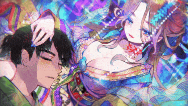 a painting of a man and a woman with a purple background