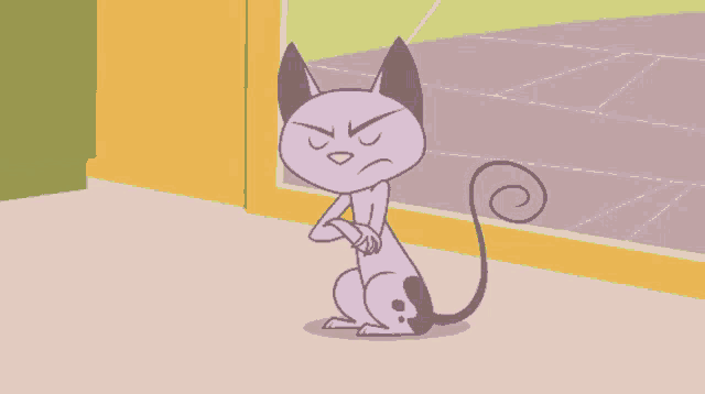 a cartoon cat with a swirl tail is sitting with his arms crossed