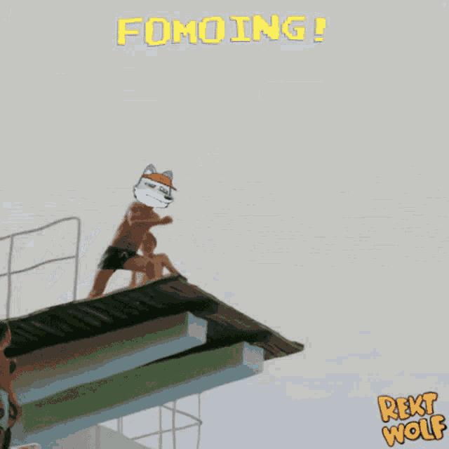 a man is jumping into a pool with the words fomoing behind him