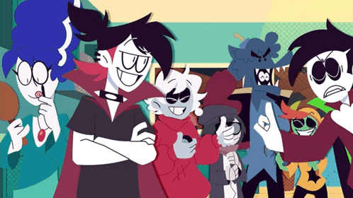 a group of cartoon characters are posing for a picture with one of them wearing a vampire costume