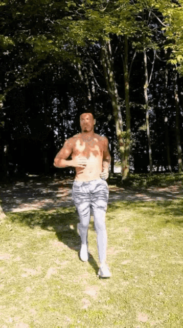 a man without a shirt is running in a park with trees in the background .