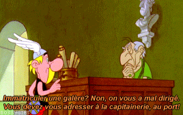a cartoon of asterix and obelix talking to each other in french