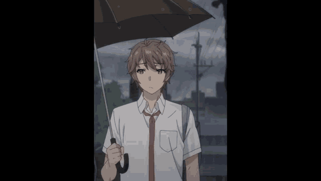 a boy in a white shirt and tie is holding an umbrella in the rain .