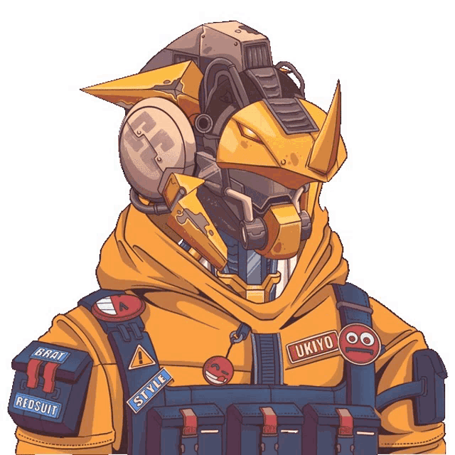 a cartoon drawing of a robot with a sticker that says ukiyo on it