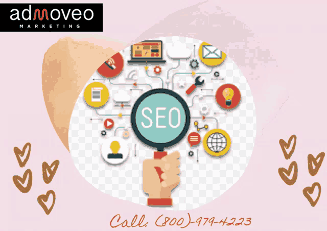 an ad for admoveo marketing shows a hand holding a magnifying glass that says seo