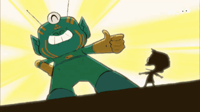 a cartoon character is giving a thumbs up to a smaller character