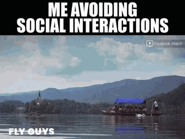 a facebook watch ad for fly guys shows a boat on a lake with mountains in the background