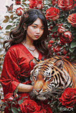 a woman in a red kimono is holding a tiger in a painting