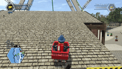 a lego video game is being played on a brick rooftop