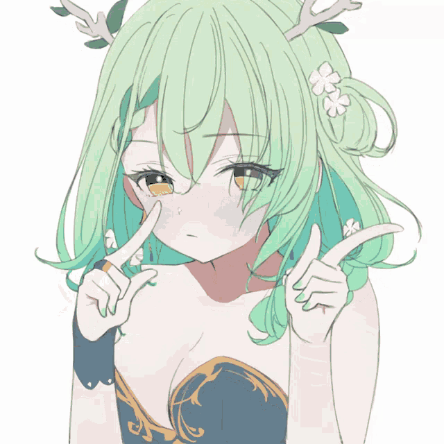 a drawing of a girl with green hair and white flowers in her hair