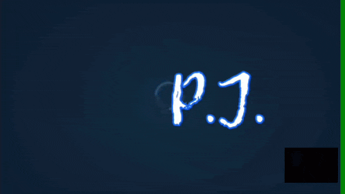 p.j. is written in a blue circle on a dark background