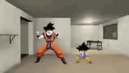 a cartoon character is dancing in a room with another character .