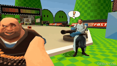 a video game scene with a man holding a cannon in front of a sign that says rerun reality