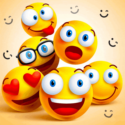 a group of smiley faces are stacked on top of each other with one wearing glasses