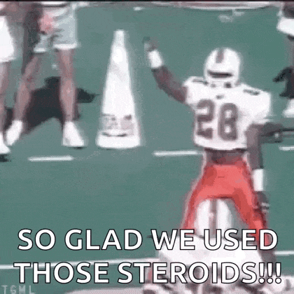 a football player is standing on the field with his arms in the air and says `` so glad we used those steroids ! ''