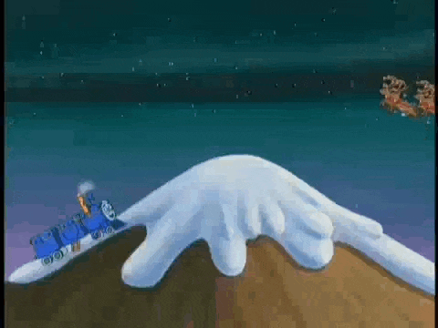 a cartoon drawing of a hand holding a train going down a hill .
