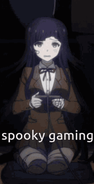 a picture of a girl playing a video game with the words spooky gaming written below her