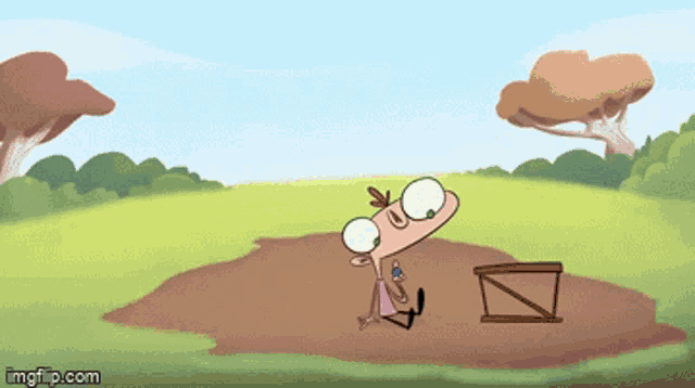 a cartoon character is standing in a field with a fence in the foreground and the words imgflip.com at the bottom