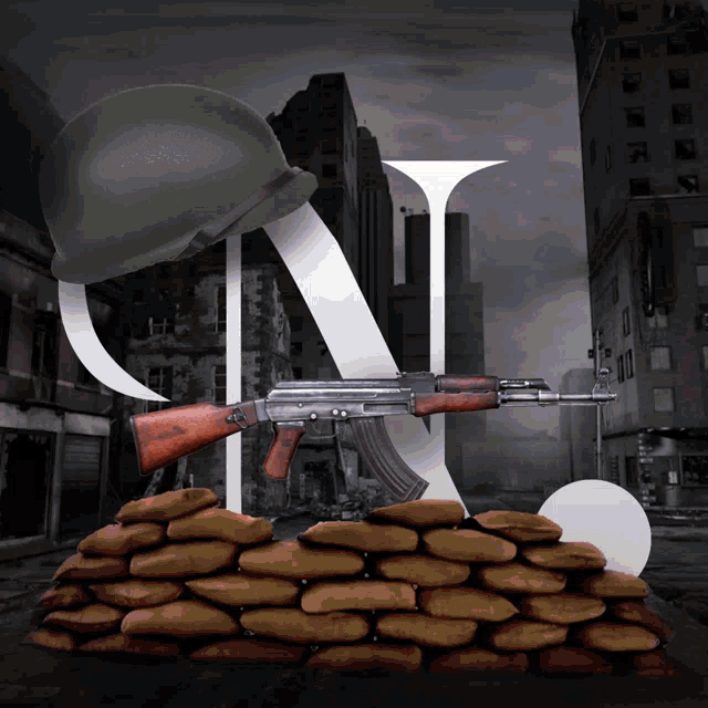 a soldier 's helmet a gun and a pile of sandbags with the letter n in the middle