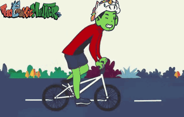 a cartoon of a person riding a bike with the words the cookie hunter on the bottom