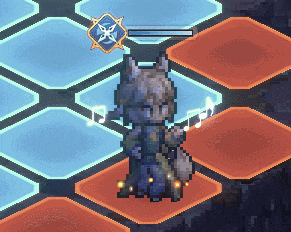 a pixel art drawing of a wolf holding a musical instrument