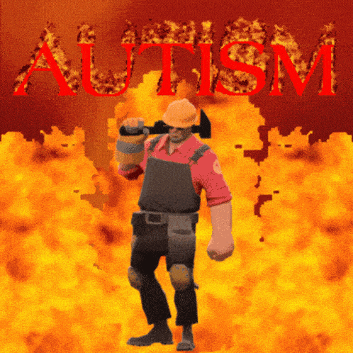 a man in a hard hat stands in front of a fire with the word autism written in red
