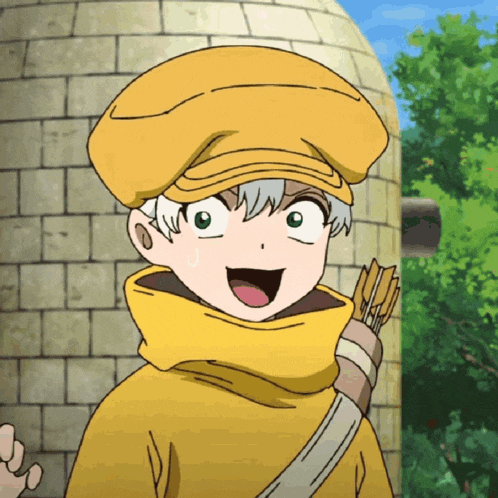 a cartoon character is wearing a yellow hat and holding a bow