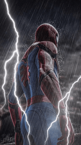 a man in a spiderman costume is standing in the rain with lightning behind him