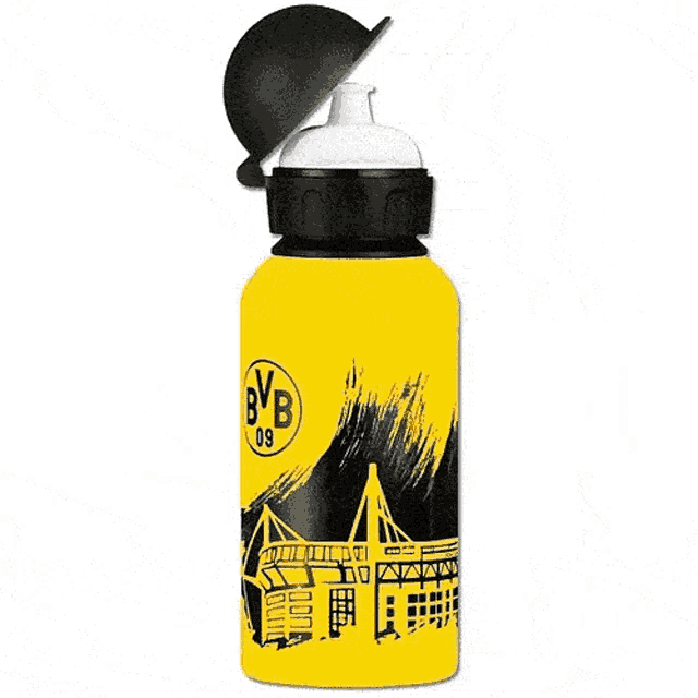 a yellow and black water bottle with the bvb 09 logo on it