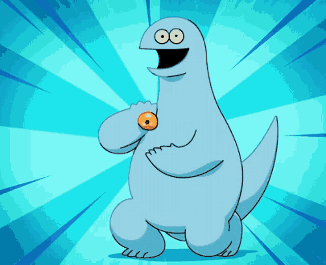 a cartoon of a dinosaur holding a donut