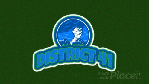 a blue and white logo for district 41 with a tornado in the middle