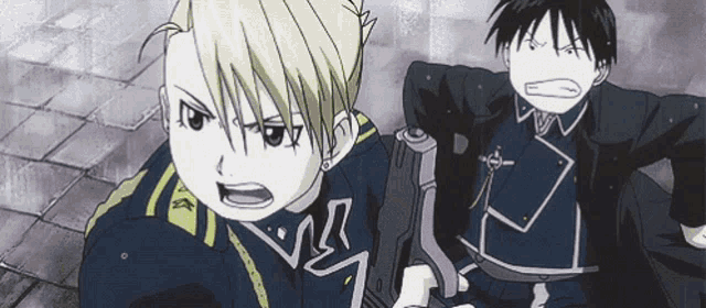a couple of anime characters standing next to each other with one holding a gun .